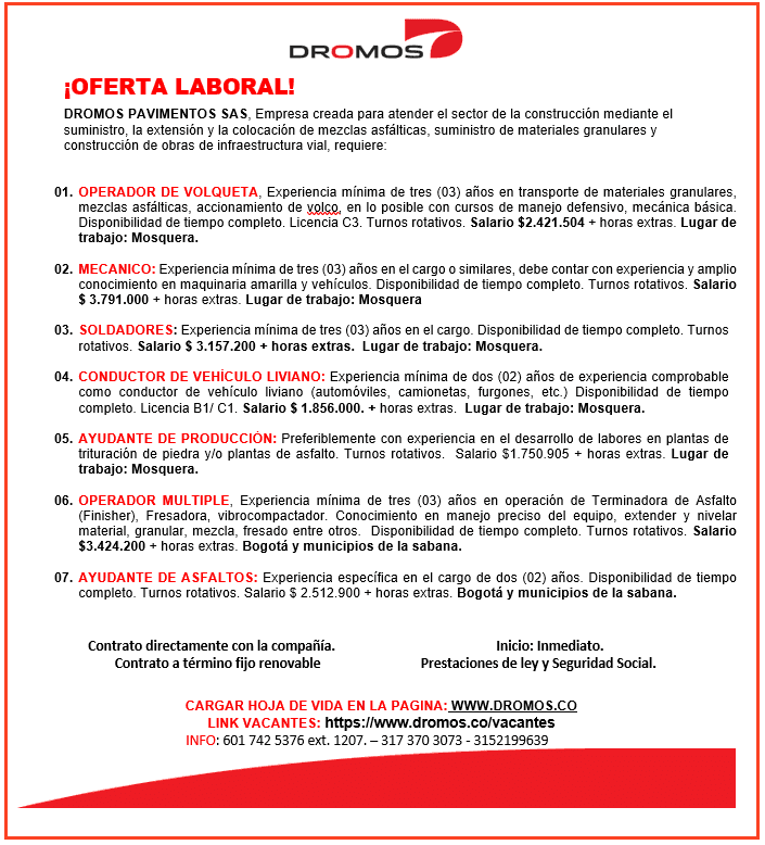 VACANTES PLANTA MOSQUERA Y BOGOTÁ